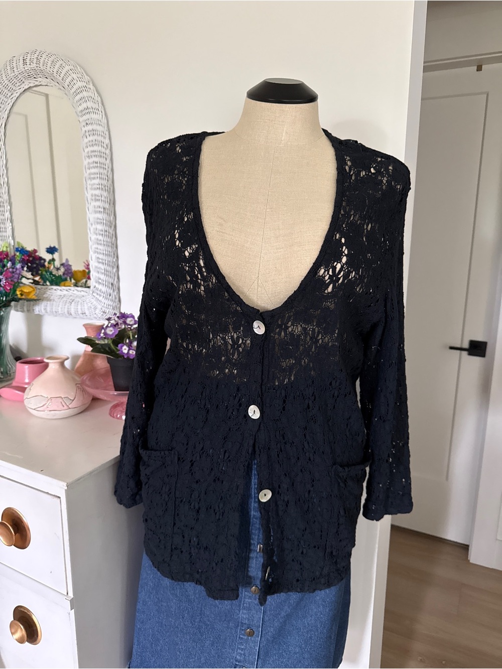 90’s Plus Size Dark Navy Open-Knit Button Cardigan Sweater